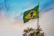 Bandeira do Brasil balançando ao vento com céu ao fundo.