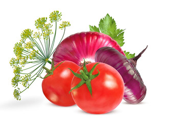 Wall Mural - fresh vegetables - tomatoes, onions and dill twigs on a white background