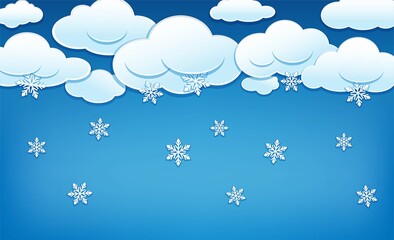   Clouds with snowflakes. Blue sky with snowy clouds and falling snowflakes. Winter background template for Merry Christmas and New Year. Vector illustration