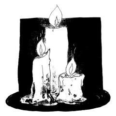 Wall Mural - Hand drawn graphic vector Burning candles on white background. Black and white objects of different heigh. Candlelight for holiday event or remembrance - Christmas, New Year, Halloween. Mystic magic