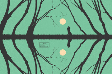 Poster - lovers among trees. romantic loving couple isolated silhouette. yellow sun on green texture backgrou