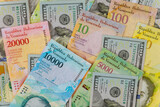 Fototapeta  - Venezuelan Bolivar banknote with paper currency bills.
