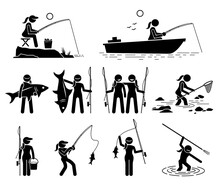 Woman Fishing And Catching Fish By The River, Lake, And Sea. Vector Icons Depict A Female Using Fishing Rod, Net, And Spear To Catch Fishes.