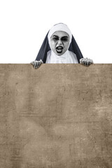 Wall Mural - Scary devil nun holding empty whiteboard