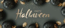 Happy Halloween Flat Lay Black Pumpkin Style On Black Background. Vector Illustration.