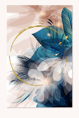 Poster - Brochure vector design, abstract templates in blue and pink colors with feathers and sparkles