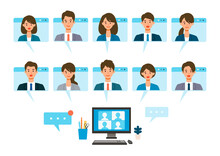 Smiling People In Virtual Window Frames. Vector Illustration Of People Having Communication Via Telecommuting System.