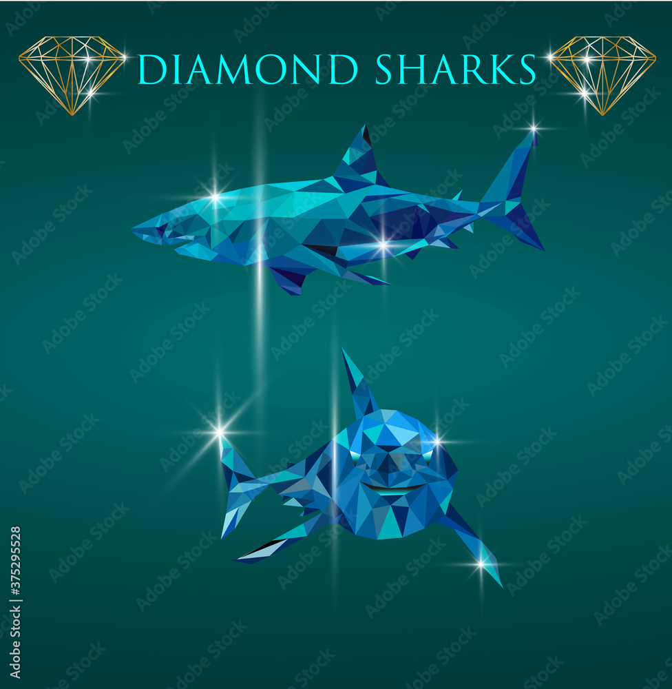 Unique drawing. Diamond Sharks. The profile and full face. Glow of ...