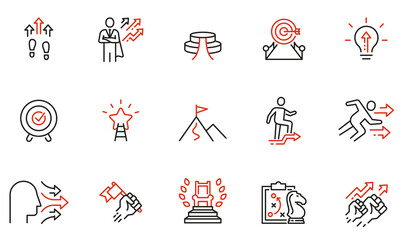 vector set of linear icons related to assertiveness, striving for development, realization and progr