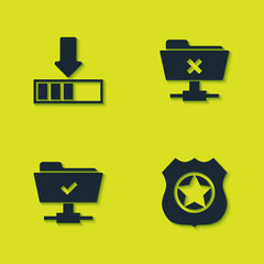 Poster - Set Loading, Police badge, FTP operation successful and cancel icon. Vector.