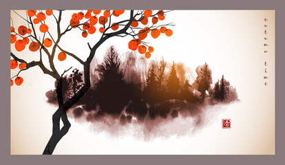 Wall Mural - Persimmon tree with big orange fruits and misty forest trees hand drawn with sumi ink. Traditional oriental ink painting sumi-e, u-sin, go-hua in vintage style. Translation of hieroglyph - happiness