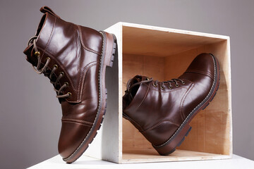 Trendy boots with wooden box. fashion shoes still life