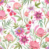 Fototapeta Sypialnia - Beautiful seamless floral pattern with watercolor summer passionflower and waratah protea flowers. Stock illustration.