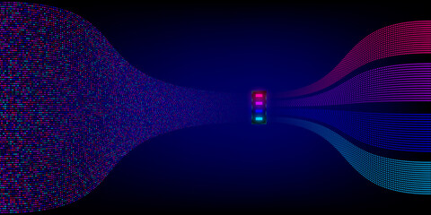 Visualization of the Big Data analysis process. A sorting machine of binary code. Information analysis concept. Information stream. Science Technology background. Vector