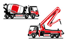 Concrete Truck And Truck With Concrete Pump Two Colors Vector Illustration. Heavy Machinery, Concrete Builders.