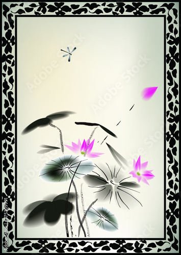 Fotografie, Obraz Chinese painting of lotus flowers