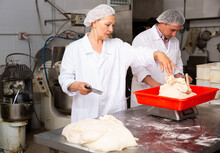 Professional Female Baker With Male Assistant Portioning Dough With Scraper And Weighing Pieces