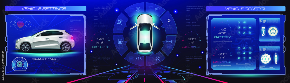 Car service. Holographic digital interface. Dashboard, characteristics, description of the car. Futuristic car interface for website or video games. Realistic car in 3D space holographic interface wit - obrazy, fototapety, plakaty 