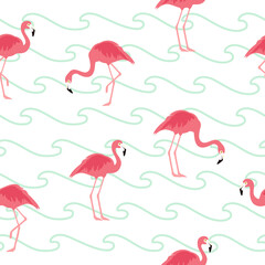 Canvas Print - Vector illustration seamless pattern with pink flamingo. Exotic bird.