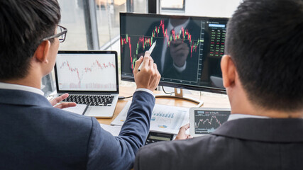 Aufkleber - Business team partner working with computer, laptop, discussion and analyzing graph stock market trading with stock chart data planning, financial and investment concept