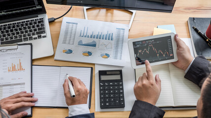 Aufkleber - Business team investment working with computer, planning and analyzing graph stock market trading with stock chart data, business financial investment and technology concept