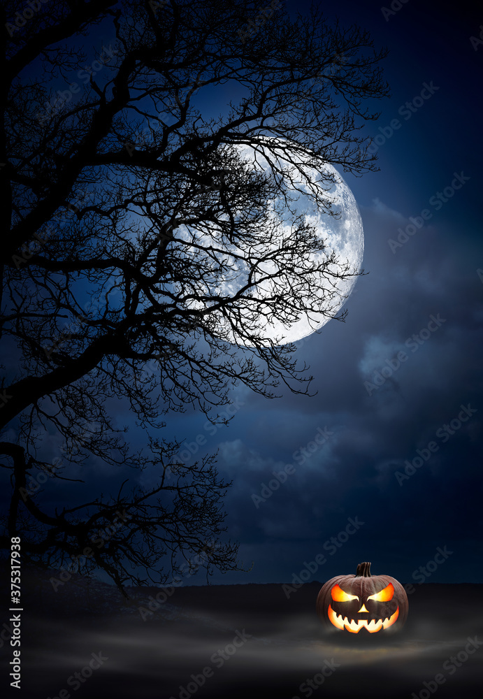 One spooky halloween pumpkin, Jack O Lantern, with evil face and eyes under the silhouette of a tree at night with a full moon and misty sky. - obrazy, fototapety, plakaty 