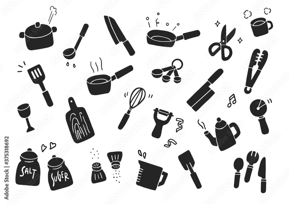 Poster キッチン 雑貨 調理器具 おなべ フライパン 包丁 ゆるい 手描き ベクター イラスト Abbildung Popo123