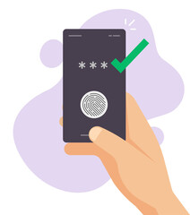 Poster - touch fingerprint id secure identification check on mobile phone in person hand vector, thumbprint a