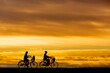 夕陽を背景に自転車通学する男女のシルエット