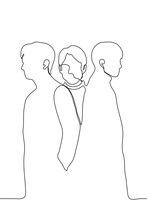 Three Men, Two Of Whom Stand Sideways (in Profile) With Their Backs To Each Other, Between Them You Can See The Face Of A Third Man Who Looks At The Viewer (observer). One Continuous Line Drawing