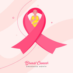 Canvas Print - Breast Cancer Awareness Month Concept with Bald Young Girl Character and Pink Ribbon.