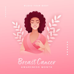 Canvas Print - Breast Cancer Awareness Month Concept with Young Woman Covering Body From Scarf and Leaves Branch on Pastel Pink Background.