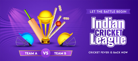 Sticker - Indian Cricket League Header or Banner of Participate Team A & B with Realistic Cricket Equipment and Golden Trophy Cup on Purple Stadium Background.