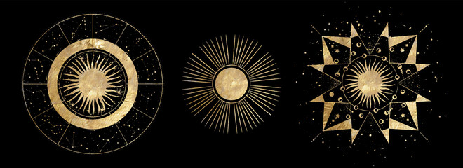 Wall Mural - chic golden luxurious retro vintage engraving style. image of the sun and moon phases. culture of occultism. Vector graphics