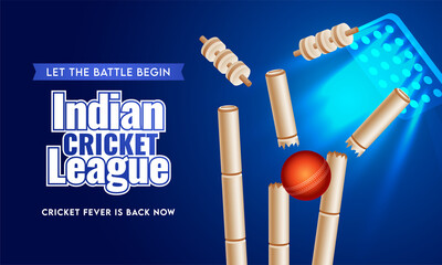 Wall Mural - Indian Cricket League Text in Sticker Style with Realistic Red Ball Hitting Wickets on Blue Stadium Lighting Background.