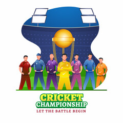 Poster - Cricketers Character in Different Color Attire with Winning Trophy Cup on Abstract Stadium Background for Cricket Championship.