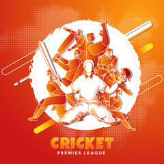 Poster - Paper Cut Style Cricket Player Team in Different Poses on Gradient Orange Halftone Background.