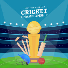 Poster - Cricket Championship Poster Design with Bat, Ball, Helmet, Wickets and Winning Trophy Cup on Blue Stadium Background.