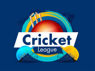 Sticker - Cricket League Poster Design with Realistic Helmets, Red Ball, Wickets and Brush Stroke Effect on Blue Background.