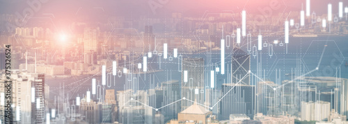 Fotomural Stock trading, investment, candle stock market chart diagram website header banner city view skyline