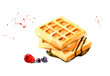 Crispy Viennese waffles with strawberries, blueberries and syrup. Watercolor illustration isolated on white background