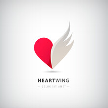 Vector Red Heart Half Logo With Wing. Abstract Icon Concept, Freedom, Love, Support