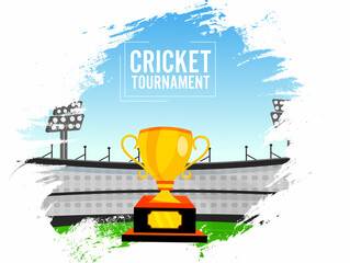 Sticker - Cricket Tournament Concept with Trophy Cup on Abstract Brush Stroke Effect Stadium View Background.