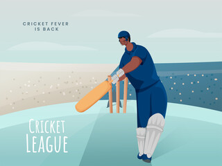 Wall Mural - Cartoon Batsman Player in Action Pose on Abstract Playground for Cricket League Fever Is Back Concept.