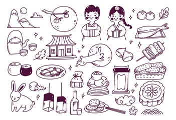 Chuseok festival doodle set vector illustration