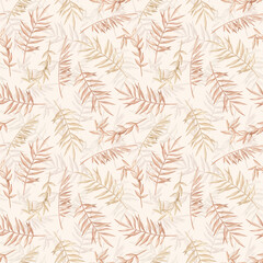 Wall Mural - Watercolor seamless pattern with tropical  dried plants in pastel pink color. Gentle nature elements. Leaf, foliage, branch, jungle flora. Summer background for wallpaper, textile, wedding decoration