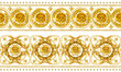 golden damask seamless pattern. Watercolor baroque vintage gold lace ornament. luxury textile print with lion
