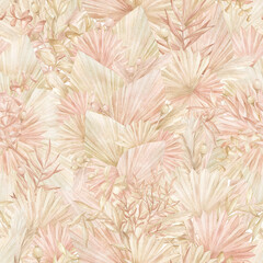 watercolor seamless pattern with tropical dried plants in pastel pink color. gentle nature elements.