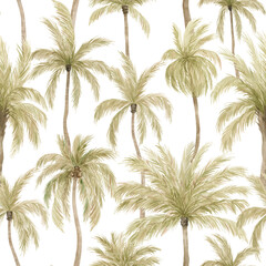 Watercolor seamless pattern with tropical palm trees. Coconut  palm. Gently green background with wildlife jungle elements. Aesthetic vintage wallpaper, wrapping