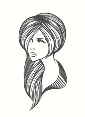 Wall Mural - Woman with long, wavy hairstyle and elegant makeup.Beauty and hair salon logo.Cosmetics and spa icon.Young lady portrait isolated on white background.Beautiful girl face.